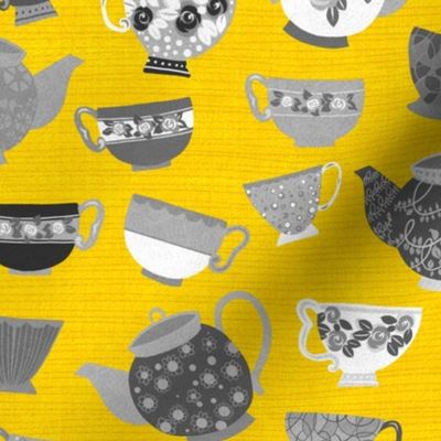 Tea Party w teapots 80x 40_Yellow BGround