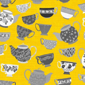 Tea Party w teapots 80x 40_Yellow BGround