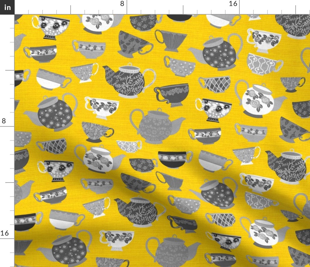 Tea Party w teapots 80x 40_Yellow BGround