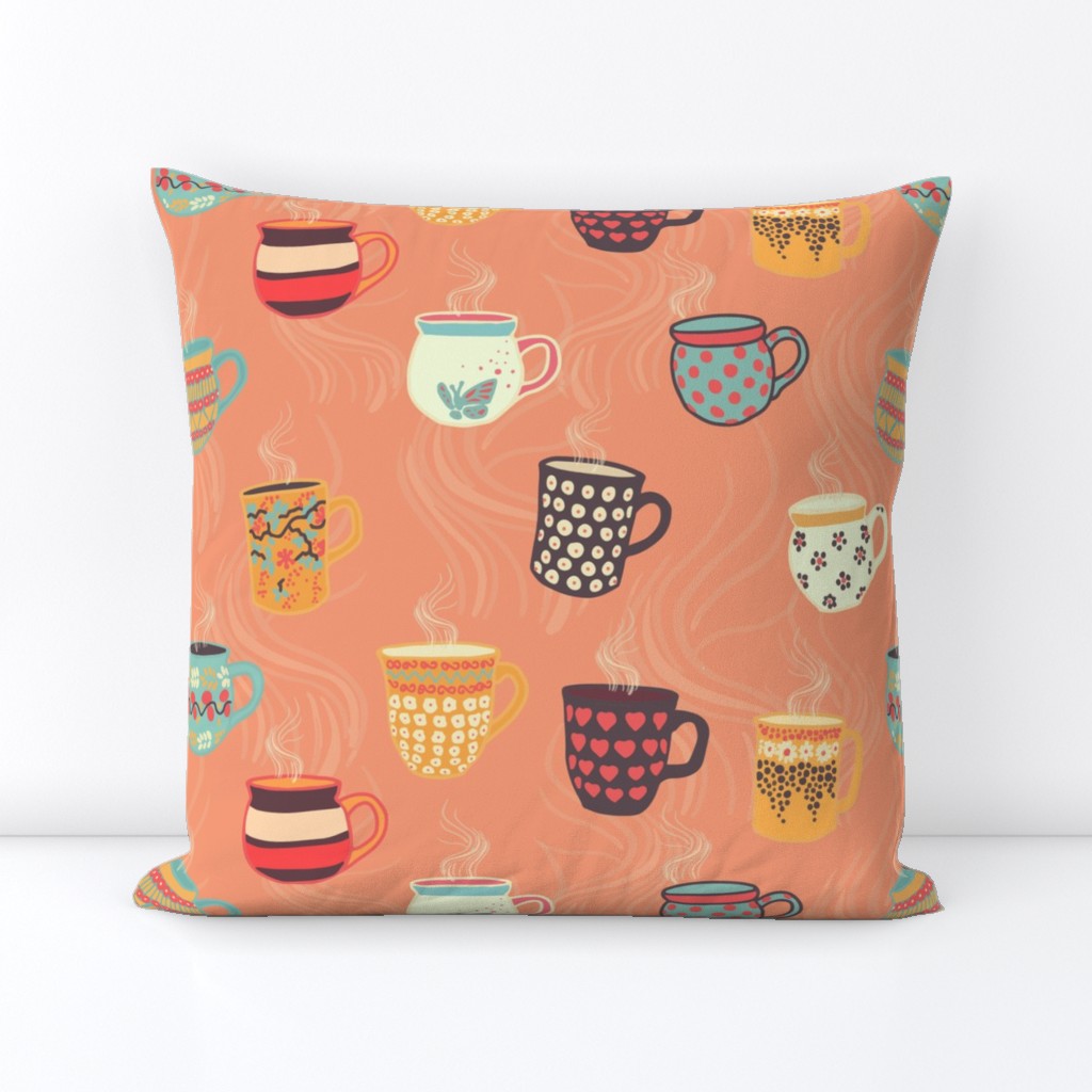Steaming tea cups on a coral background. Colorful coffee mugs. Hot beverage. 