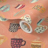 Steaming tea cups on a coral background. Colorful coffee mugs. Hot beverage. 