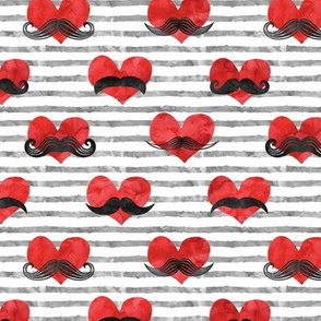 watercolor hearts with  mustaches (red & grey)