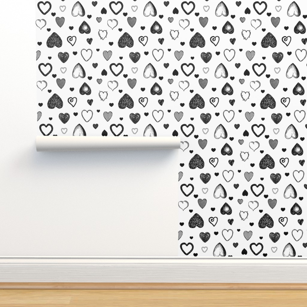 Love Hearts Doodles in Black and White / Wallpaper | Spoonflower