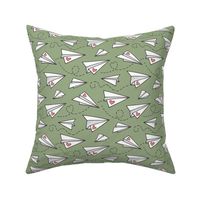 Paper Plane Love Hearts Valentine on Olive Green