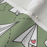 Paper Plane Love Hearts Valentine on Olive Green