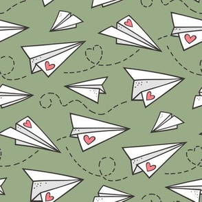 Paper Plane Love Hearts Valentine on Olive Green
