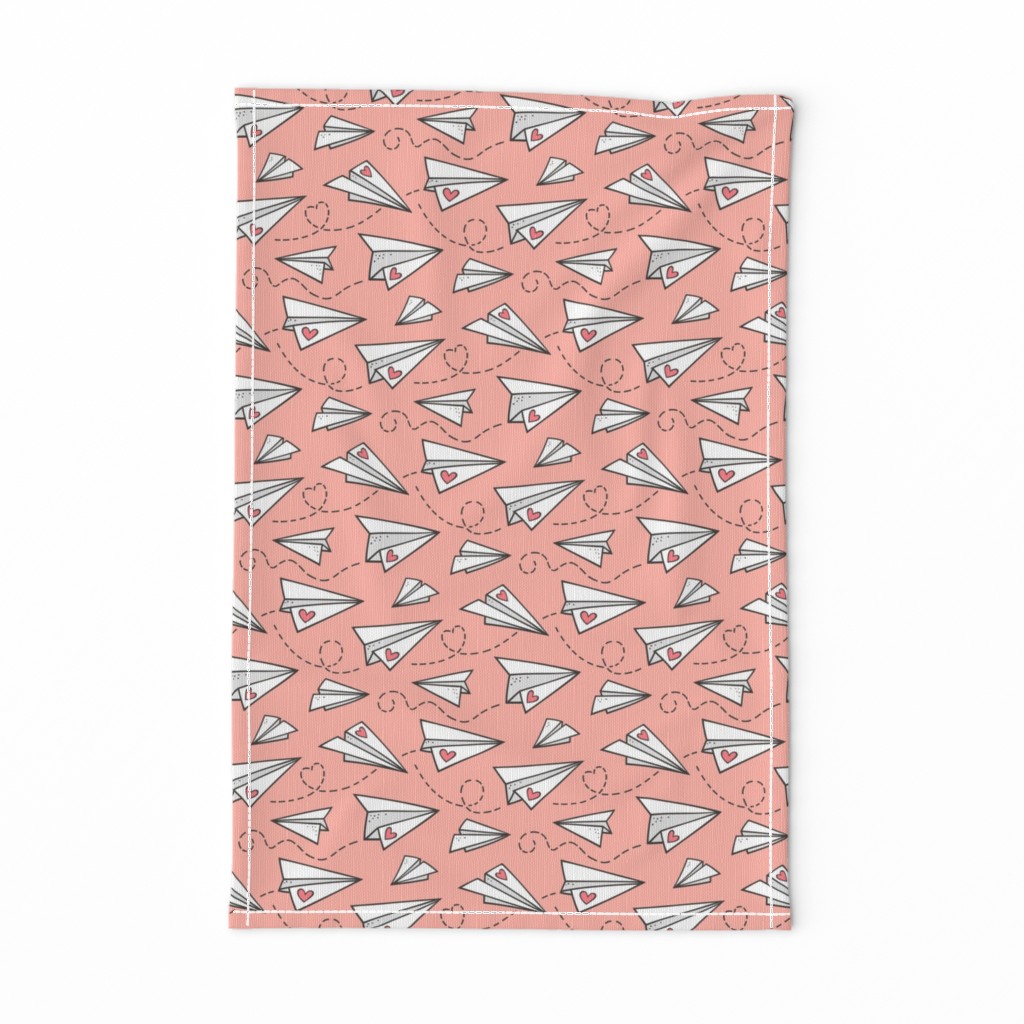 Paper Plane Love Hearts Valentine on Peach Pink