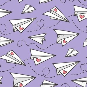 Paper Plane Love Hearts Valentine on Lavender Purple