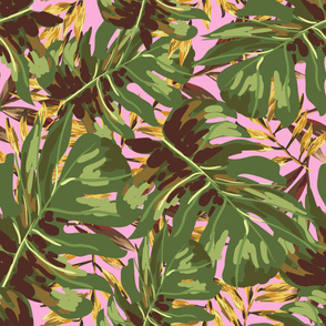 36" Gold, Brown, and Green Tropical Leaves - Pink