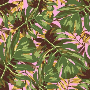 8" Gold, Brown, and Green Tropical Leaves - Pink