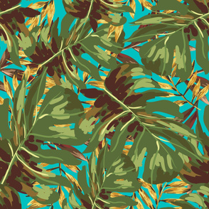 36" Gold, Brown, and Green Tropical Leaves - Aqua