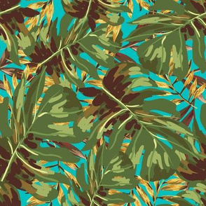 8" Gold, Brown, and Green Tropical Leaves - Aqua