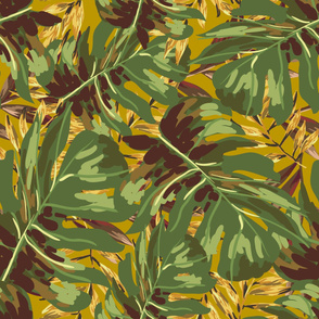 36" Gold, Brown, and Green Tropical Leaves - Mustard Yellow