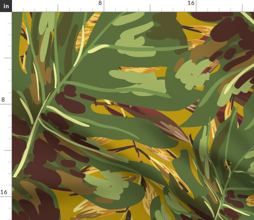 36" Gold, Brown, and Green Tropical Leaves - Mustard Yellow