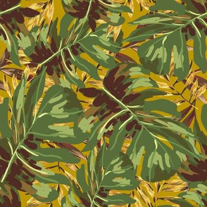 8" Gold, Brown, and Green Tropical Leaves - Mustard Yellow