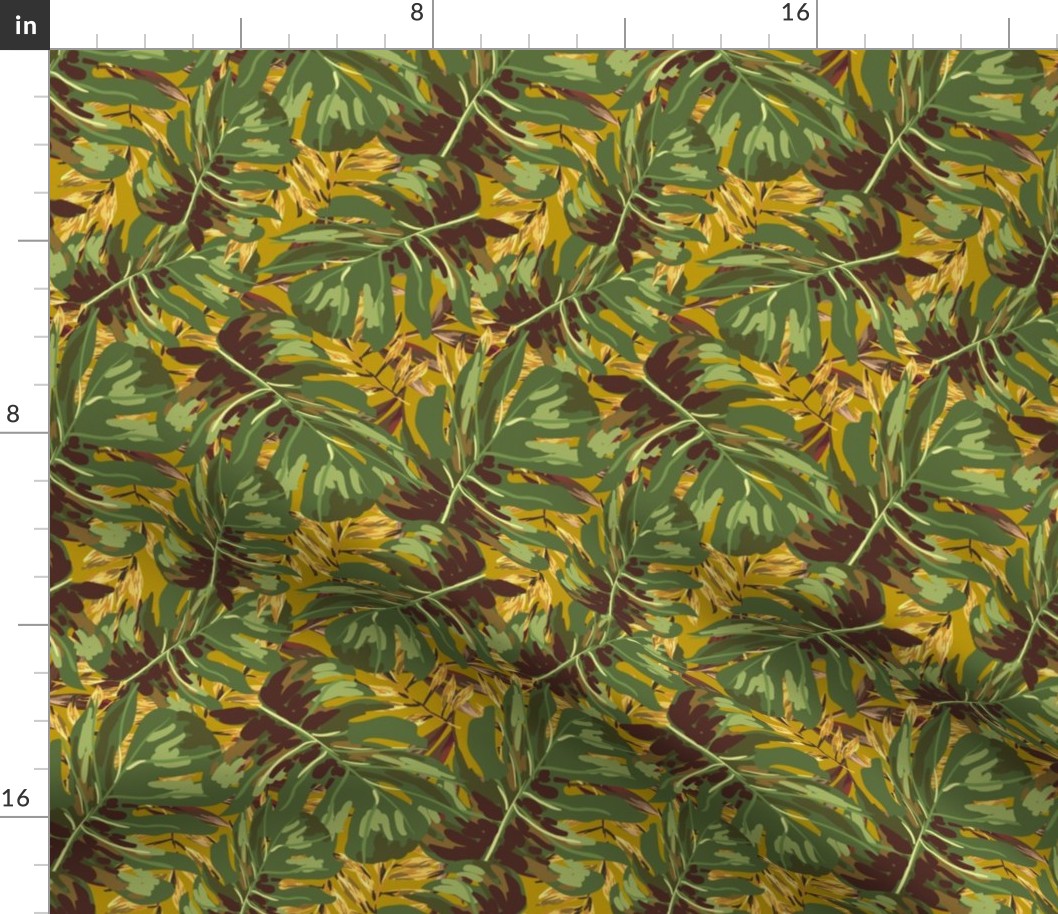 8" Gold, Brown, and Green Tropical Leaves - Mustard Yellow