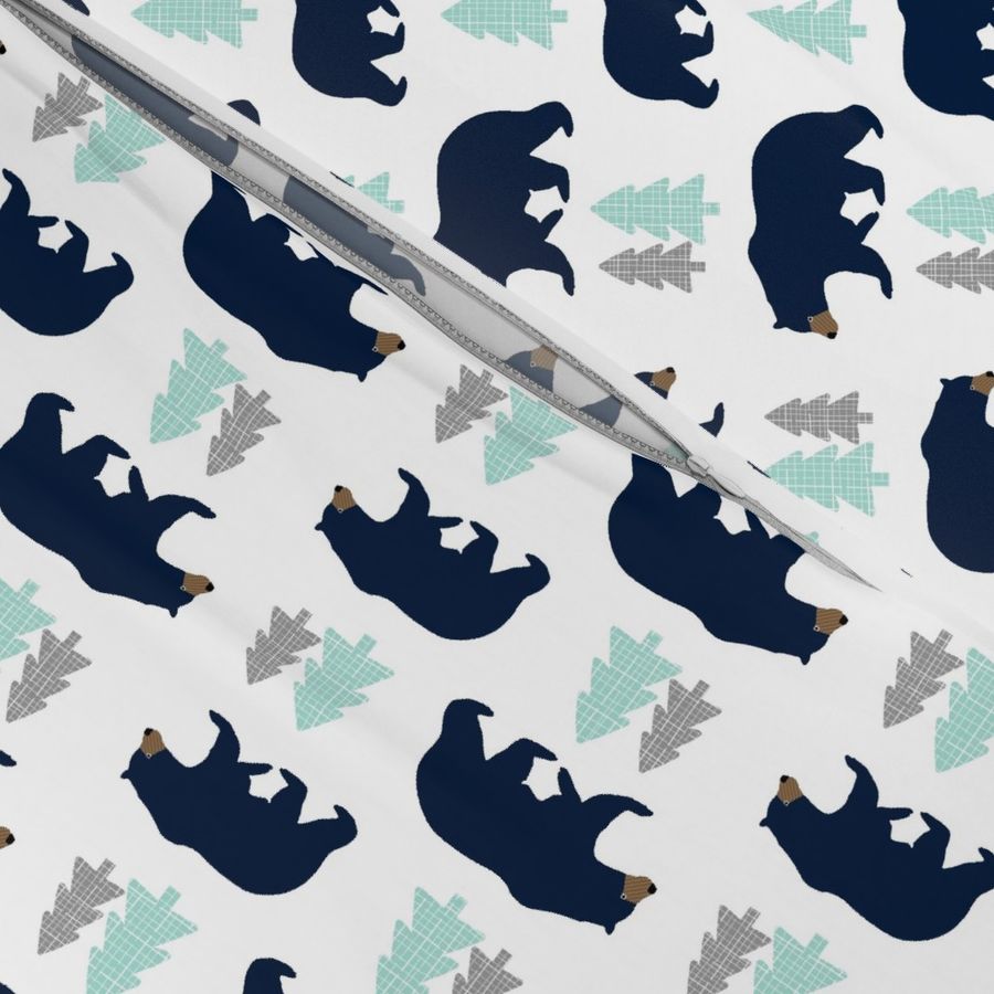 Navy Bears - Gray Mint Trees Bear Baby Nursery Kids Childrens Bedding Woodland Animals