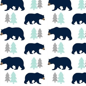 Navy Bears - Gray Mint Trees Bear Baby Nursery Kids Childrens Bedding Woodland Animals