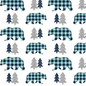 Bears & Trees  – Gray, Navy and Mint Plaid Bear Buffalo Plaid Check Woodland Baby Boy Nursery Bedding