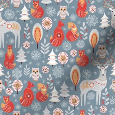 Seamless pattern with winter forest, deer, owl and fox. 