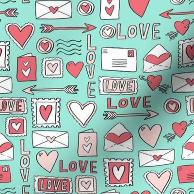 love letters // valentines love notes fabric hearts stamps valentine's day mint