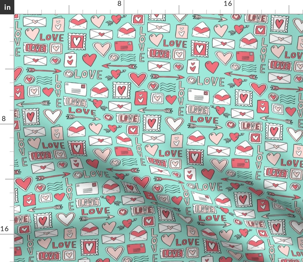 love letters // valentines love notes fabric hearts stamps valentine's day mint