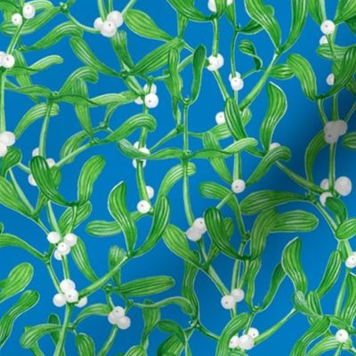 Green Mistletoe Berries Pattern Bright Blue 