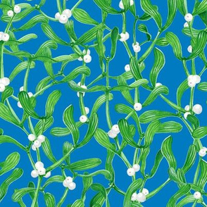 Green Mistletoe Berries Pattern Bright Blue 