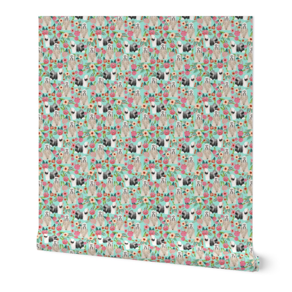 tibetan terrier florals dog breed fabric mint