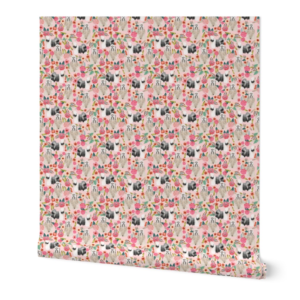 tibetan terrier florals dog breed fabric pink