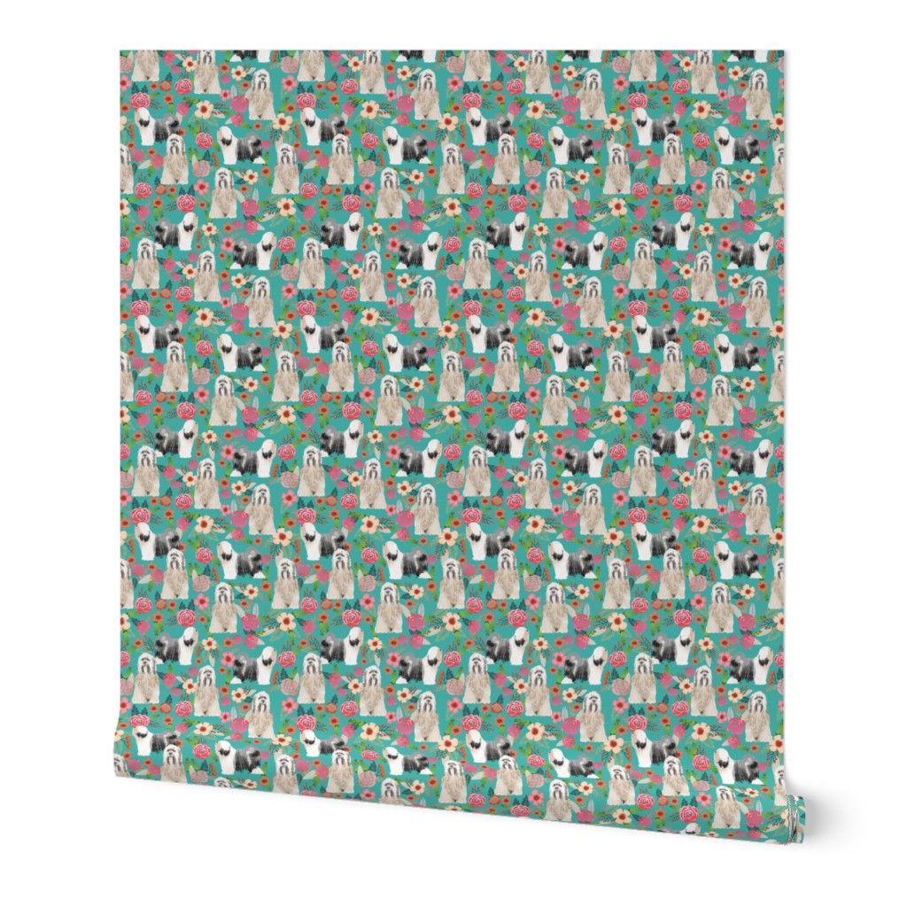 tibetan terrier florals  dog breed fabrics turquoise