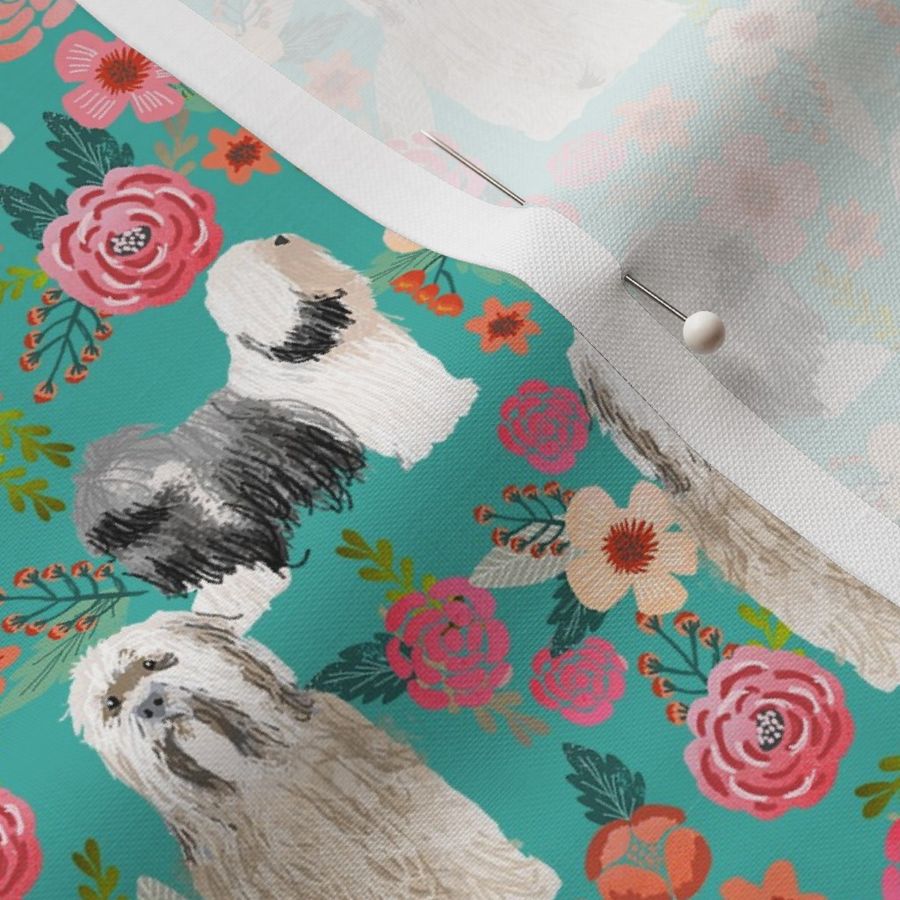 tibetan terrier florals  dog breed fabrics turquoise