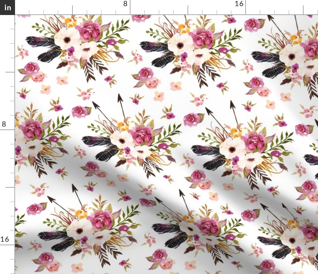 Boho Floral w/ Feathers + Arrows - Pink Flowers Baby Girl Nursery Crib Bedding Fabric A