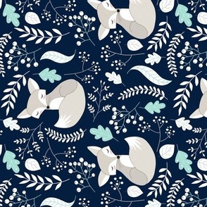 Fox - Sleepy Gray Foxes (navy, mint leaves) Baby Nursery Woodland Animals Kids Childrens Bedding N4 rotated