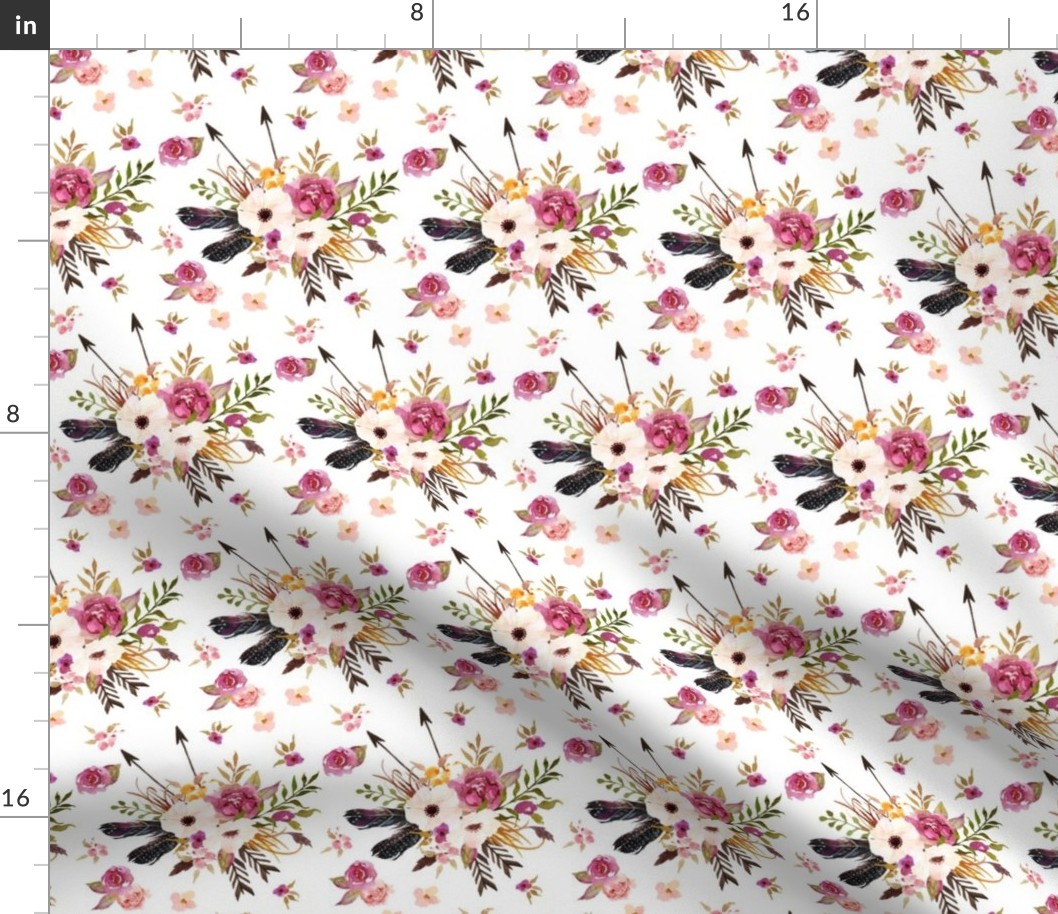 Boho Floral w/ Feathers + Arrows - Pink Flowers Baby Girl Nursery Crib Bedding Fabric B