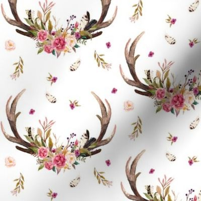 Antlers & Flowers - Pink Floral Feathers Deer Antler Baby Girl Nursery Crib Sheets Bedding A
