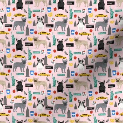 Frenchie dog breed (smaller scale) fabric new york city tourist french bulldog light pink