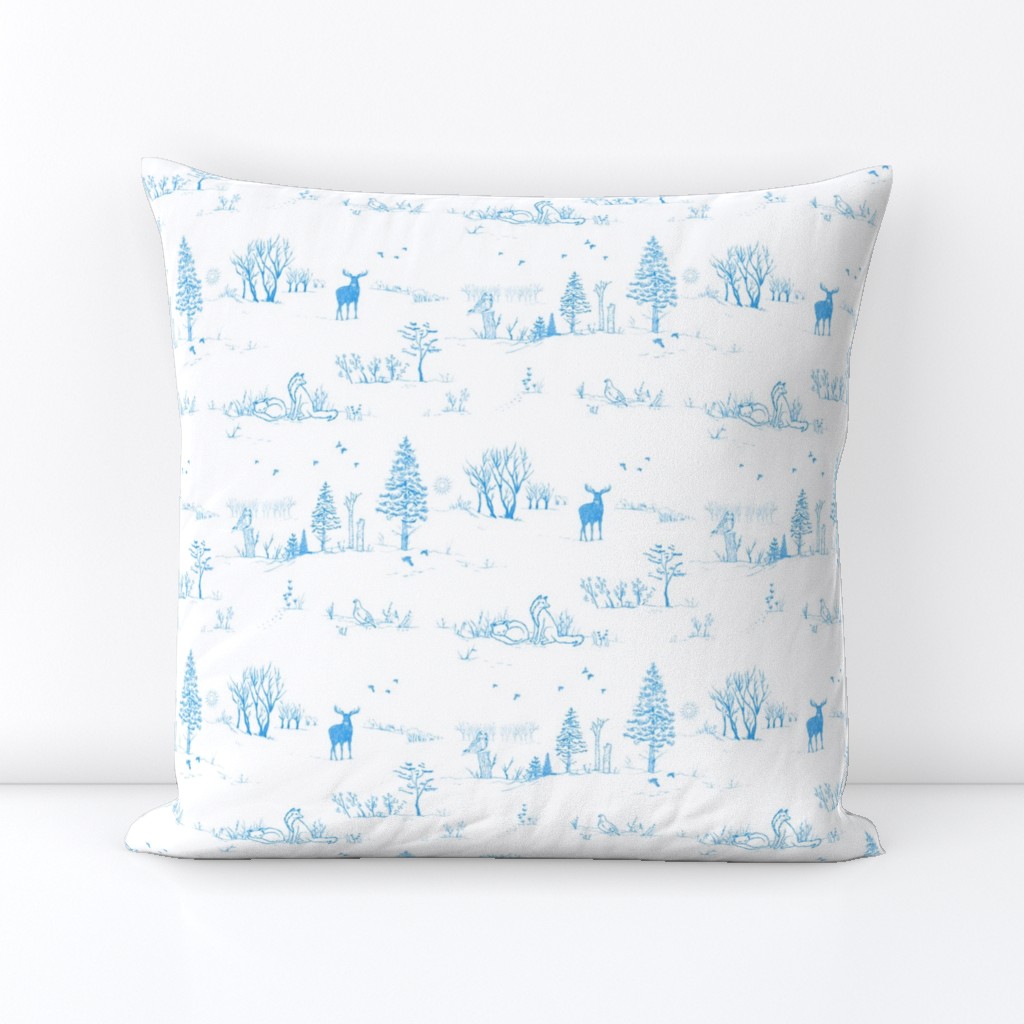 Winter Forest Toile in Ice Blue | Pencil sketch Scandinavian wildlife: fox, moose and owl. Christmas nature, northern forest, snow scene.