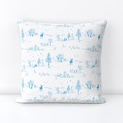 Winter Forest Toile in Ice Blue | Pencil sketch Scandinavian wildlife: fox, moose and owl. Christmas nature, northern forest, snow scene.