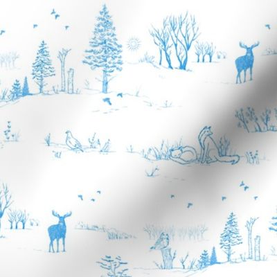 Winter Forest Toile in Ice Blue | Pencil sketch Scandinavian wildlife: fox, moose and owl. Christmas nature, northern forest, snow scene.