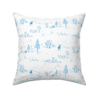 Winter Forest Toile in Ice Blue | Pencil sketch Scandinavian wildlife: fox, moose and owl. Christmas nature, northern forest, snow scene.