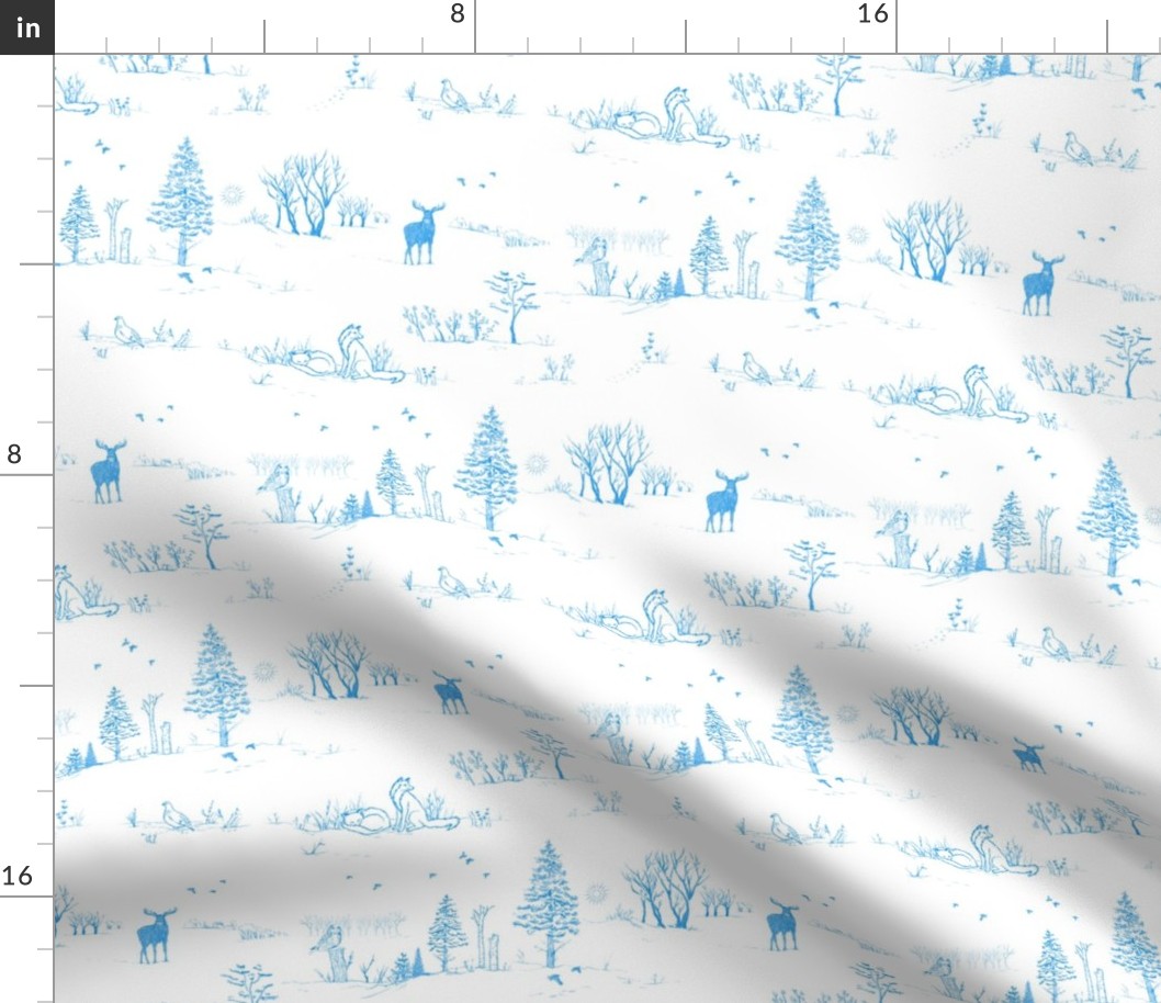 Winter Forest Toile in Ice Blue | Pencil sketch Scandinavian wildlife: fox, moose and owl. Christmas nature, northern forest, snow scene.