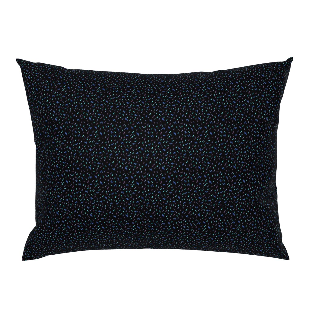 Dots, Dashes and Squiggles in Blue and Purple Illustrated Pattern on Black Background