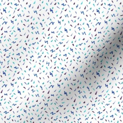 Dots, Dashes and Squiggles in Blue and Purple Illustrated Pattern on White Background