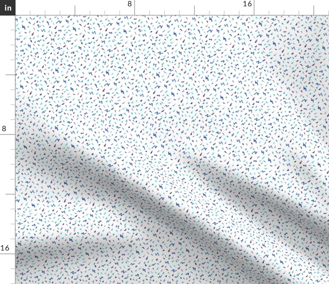 Dots, Dashes and Squiggles in Blue and Purple Illustrated Pattern on White Background