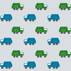 garbage trucks in a row on gray Large6  - green and blue