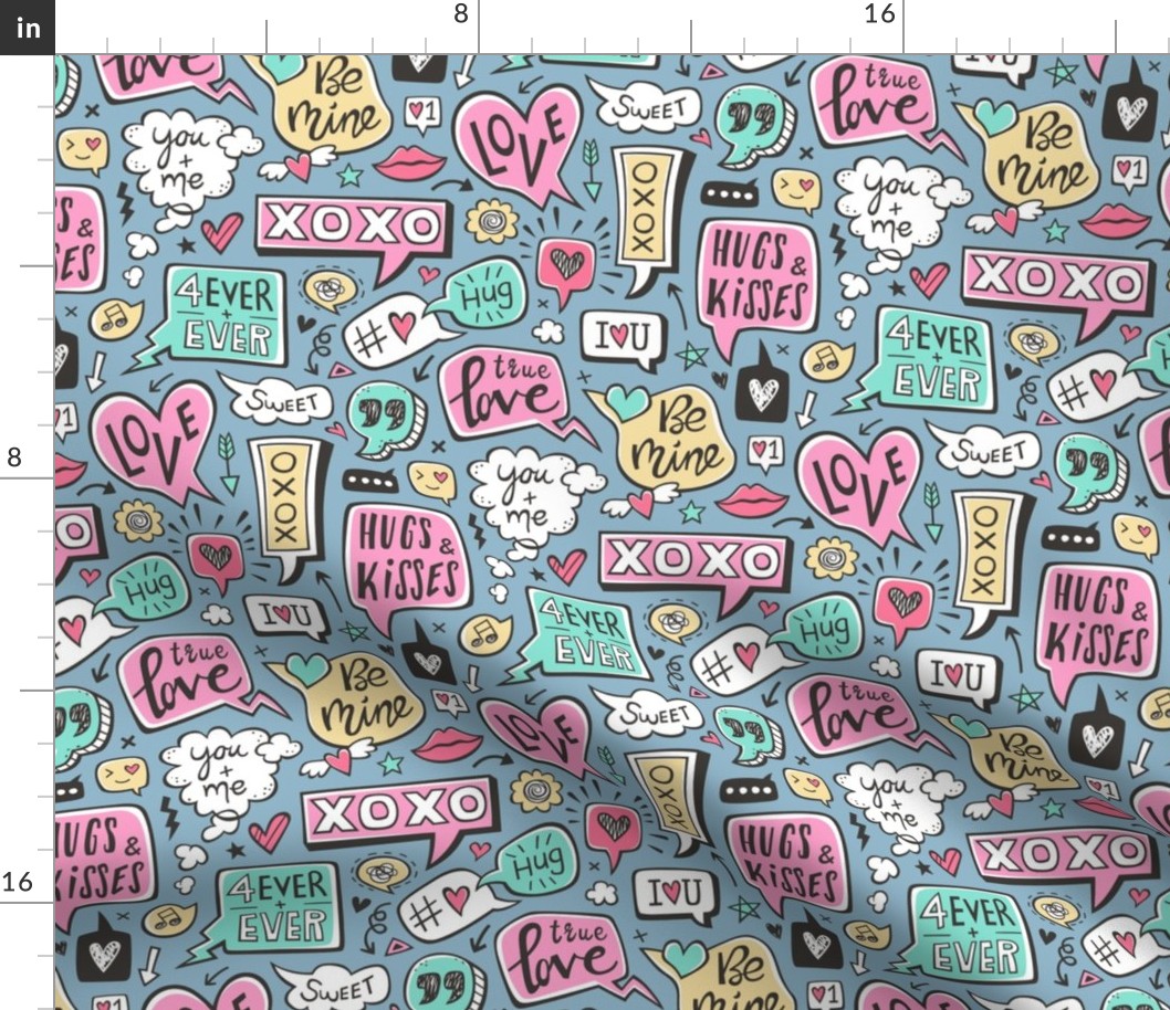 Sweet Love Words Speech Clouds & Hearts Typography Doodle Valentines Day on Denim Blue