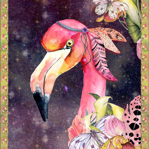 GYPSY FLAMINGO 2 PER YARD PANEL 3 BURGUNDY BROWN STARRY SKY BACKGROUND FEATHERS BOHO BOHEMIAN BIRD FLOWERS