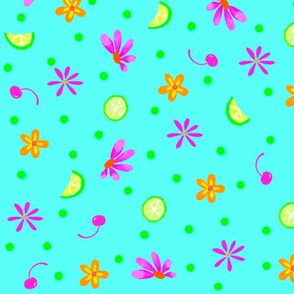 Limes Cherries and Flowers Turquoise Large