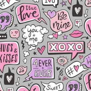 Sweet Love Words Speech Clouds & Hearts Typography Doodle Valentines Day Purple Pink on Grey